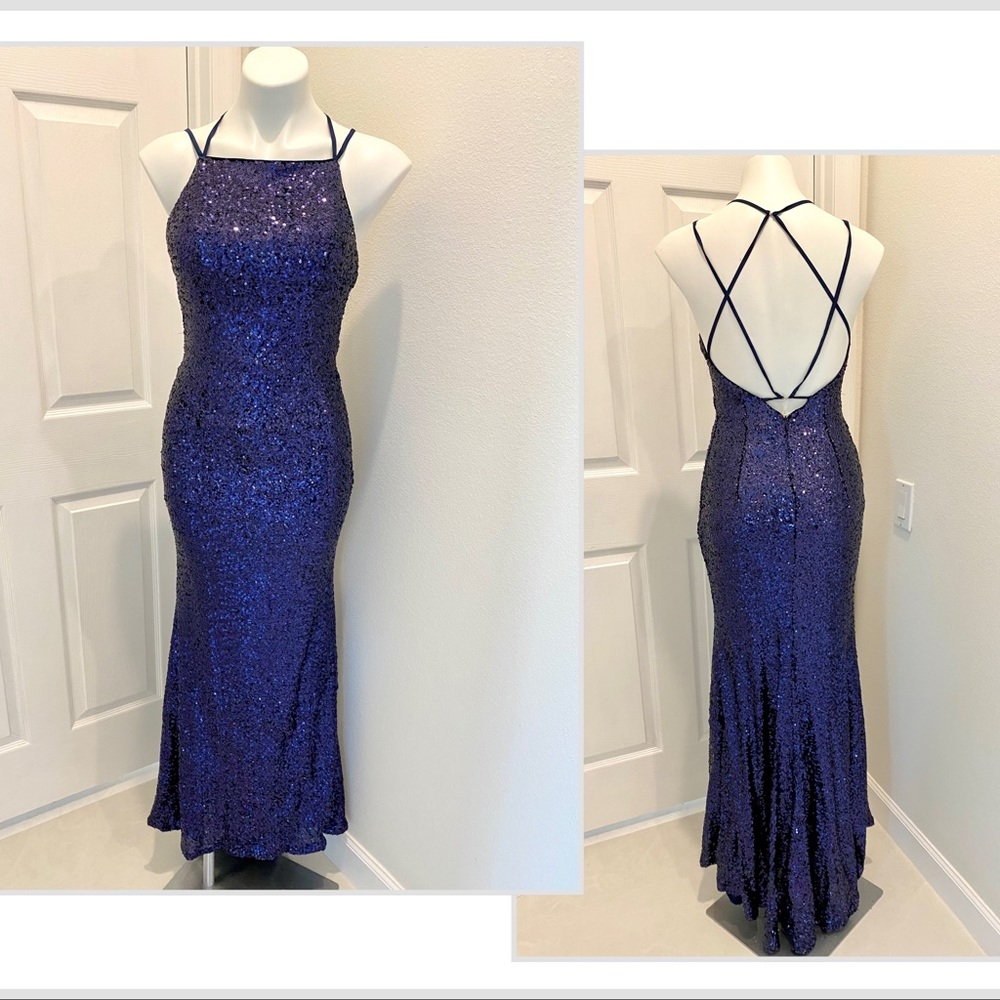 Ellie Wilde Sequin Gown Dark Blue - Prom Homecoming Formal Dress Size 0